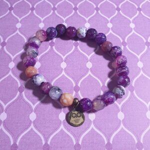 Purple Agate Gemstone Beaded Stretch Bracelet Owl Charm By AWD Boho Beach Core